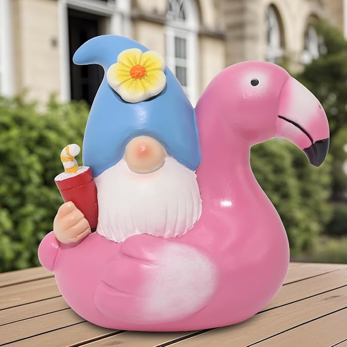 Solar Gnome Garden Decor Statue,Outdoor Funny Solar Light Decoration for Outside Yard Patio Front Porch Balcony Home - Unique Housewarming Gifts (Flamingo)