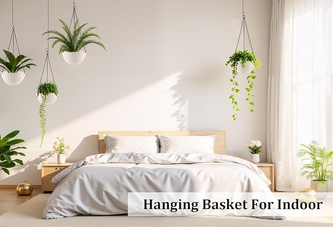 RooTrimmer Hanging Planters for Indoor Outdoor Plants 8 and 10 Inch, 4 Packs Hanging Flower Pot with Drainage Holes, Self-Watering Hanging Basket Perfect for Home, Office and Garden, White