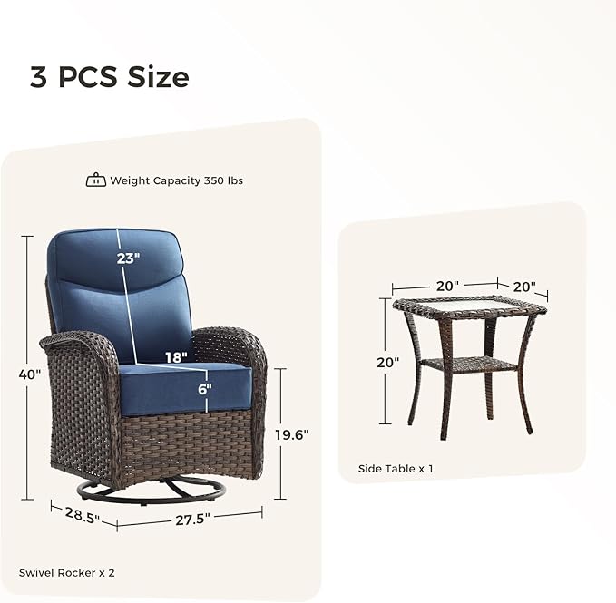 Luxury Outdoor Swivel Rocker Patio Chairs with 6-Inch Thick Cushions, High Back Swivel Glider Patio Chairs, 3PCS Wicker Outdoor Furniture Set for Porch, Patio, Yard, Deck, Poolside, Brown/Blue