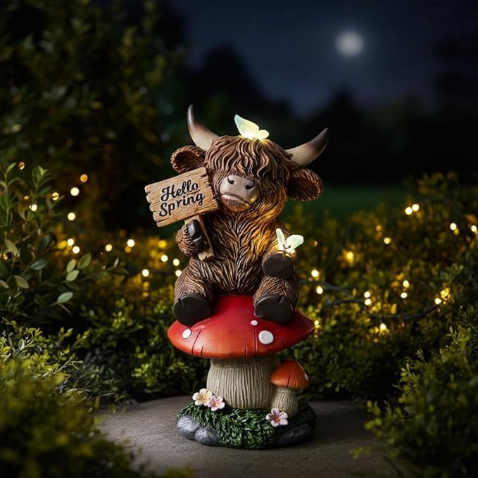 Highland Cow Garden Statue with Solar Butterfly Lights, Spring Outdoor Highland Cow on Mushroom Butterfly Decoration for Yard, Patio, Lawn, Cows Figurine Housewarming Gift for Women, Mom