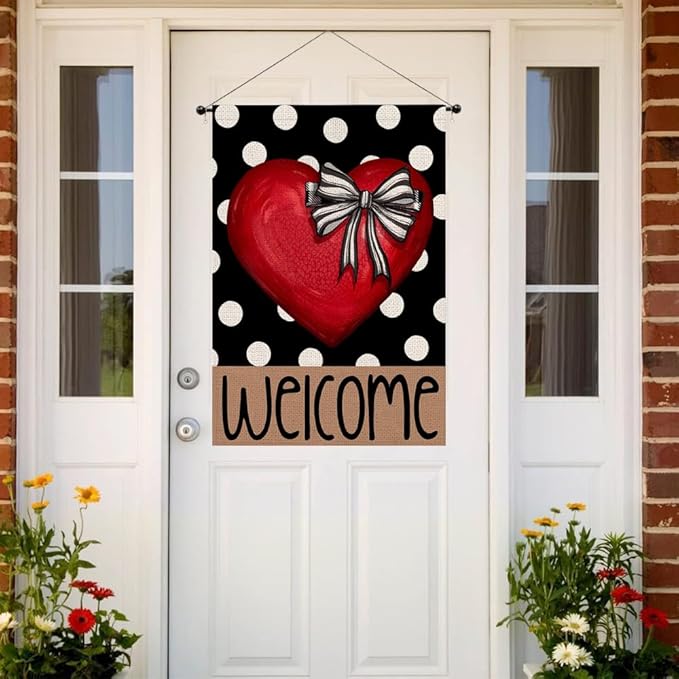 Polka Dot Red Heart with Bow Welcome Valentines House Flag 28x40 Inch Double Sided Outside Love Outdoor Seasonal Decorative Large Garden Decorations