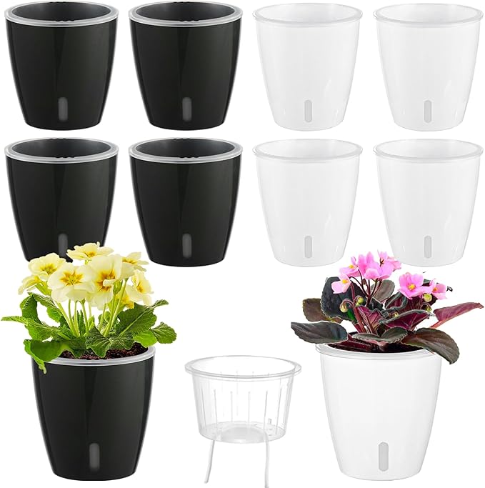 KvyusFlourish Self Watering Pots for Indoor Plants, 8-Pack 5'' Self Watering Planter with Drainage Holes, Small African Violet Pots with Water Level Indicator, Clear Wick Pot, White/Black