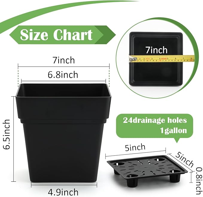 RooTrimmer 6-Pack 7'' Square Planters with Built-in Drainage Tray – Heavy-Duty Black Plastic Planter with Drainage Hole and Bottom Stopper, BPA-Free Black Plant Pots Matte Finish for Indoor Outdoor