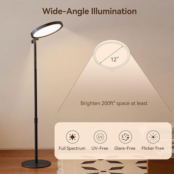 RICIAL Light Therapy Lamp,12000 Lux UV-Free Sun Lamp Full Spectrum Sunlight Lamp with 12" Panel/71 High/4 Color Temperature/5 Brightness/Remote Control, 2 in 1 Retractable Floor Light Therapy Lamp