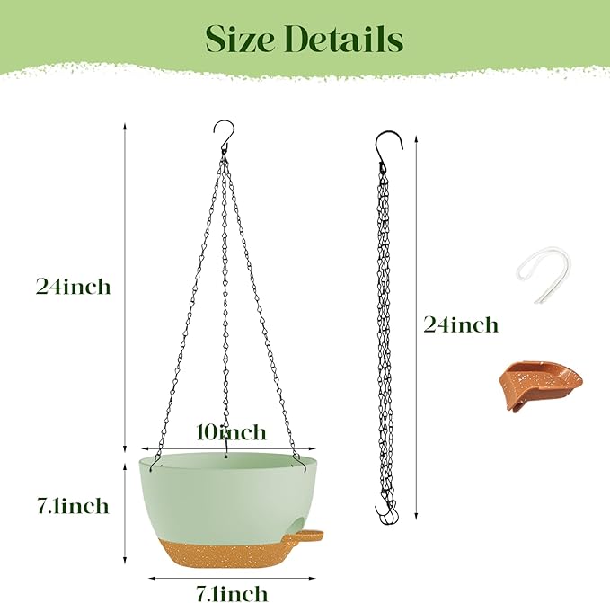 zople 10 Inch Hanging Planters with Chains 2 Pack Self Watering Green Brown Plastic Hanging Pots for Indoor Outdoor Plants, Garden Porch Home Decor (Green Brown)
