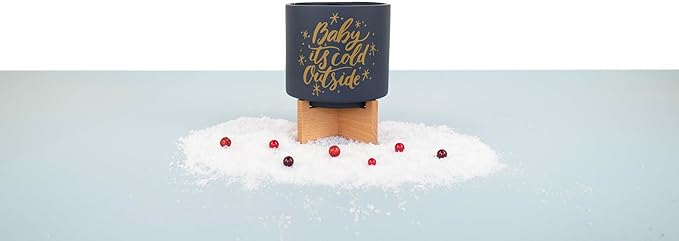 Ceramic Holiday Planter Pot with Wood Stand, Baby It's Cold Outside Design, Navy Blue & Gold, Holds 4" House Plant or Succulent, Festive Winter Christmas Home Decor