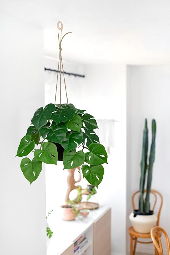 Fake Hanging Plant Artificial Monstera Plant Faux Greenery Leaves in Black Pot for Wall Bedroom Office Desk Bathroom Indoor Outdoor Home Decor