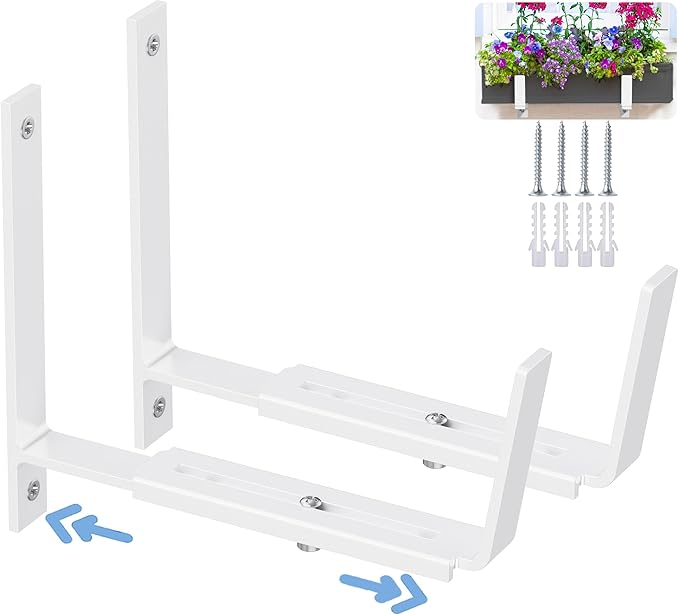 HFHOME 2 PCS Adjustable Planter Box Brackets (6 to 12.5 in), Universal Window Box Brackets, Heavy Duty Metal Flower Box Wall Mounting Hooks for Balcony, Fences, Patio, and Garden - White