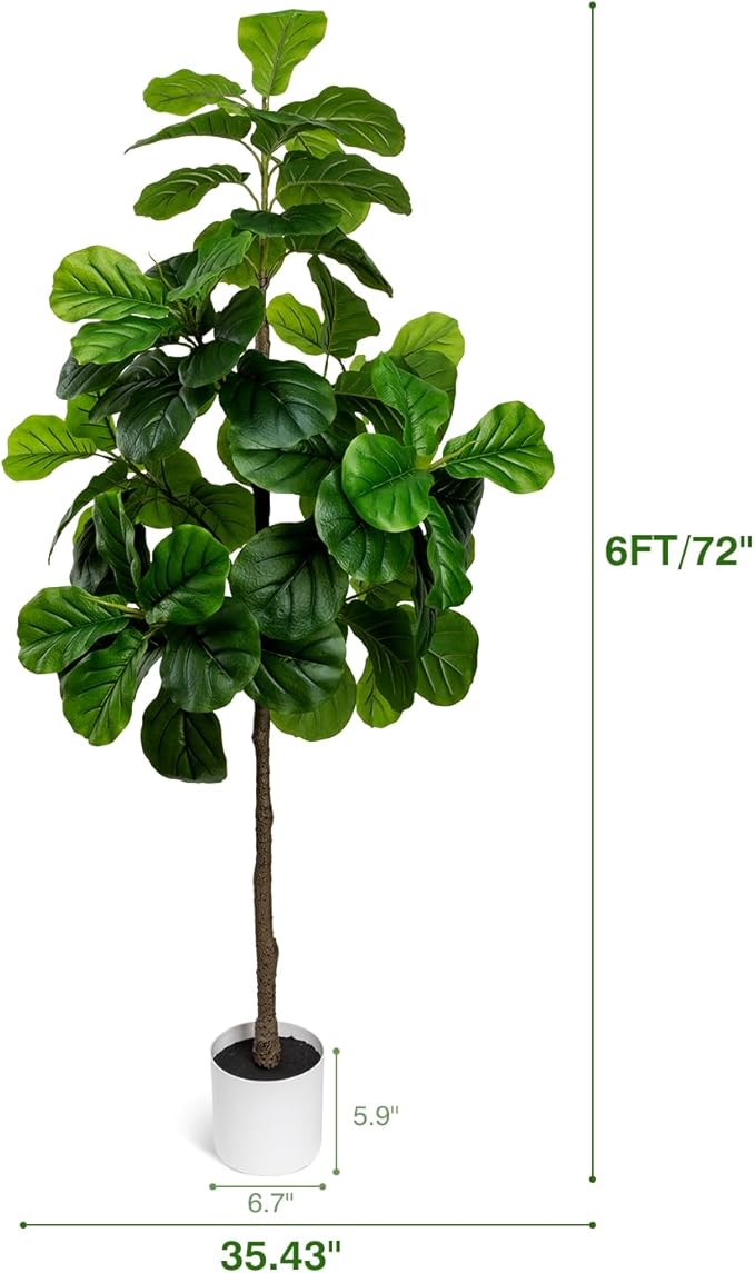 Artificial Fiddle Leaf Fig Tree 6FT - Large Fake Tree with White Planter&Basket, Tall Faux Ficus Lyrata Tree Floor Plants for Indoor Home Decor Office Living Room Housewarming Gift, 1Pack