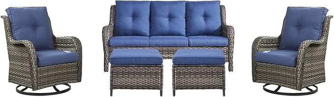 Rilyson Wicker Patio Furniture Set - 5 Piece Rattan Outdoor Sectional Conversation Sets with 2 Rocking Swivel Chairs,2 Ottomans and 1 Sofa for Porch Deck Garden(Mixed Grey/Blue)
