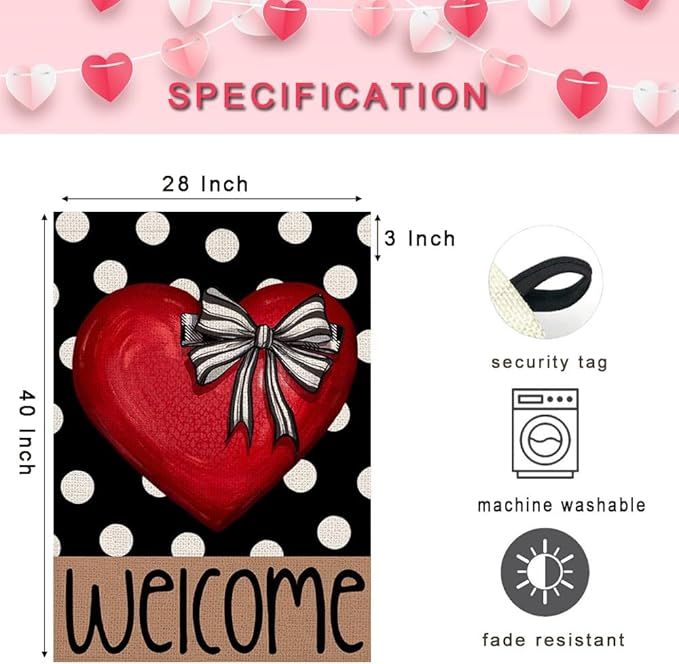 Polka Dot Red Heart with Bow Welcome Valentines House Flag 28x40 Inch Double Sided Outside Love Outdoor Seasonal Decorative Large Garden Decorations