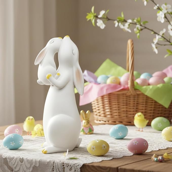 11-inch Tall Resin Bunny Statue - Hand-Painted White Rabbit Figurine for Easter Decor, Spring Home Accent & Memorial Gifts (Indoor/Outdoor)