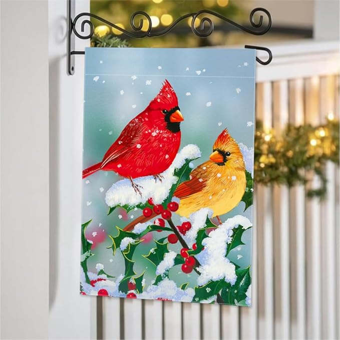 Winter Cardinal Garden Flag 12.5 x 18 Inch Double Sided Home Decor, Berry Snowflake House Outside Outdoor Cardinal Burlap Yard Flag Decoration