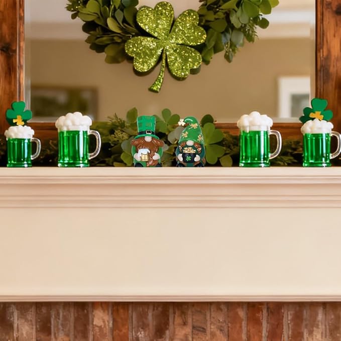 MEETYAMOR St Patricks Day Decorations, 2 PCS Handmade Gnome Resin Figurine for St Patricks Day Decor, Irish Green Clover Leprechaun Figurines Standing for Home Table, Mantel, Shelf