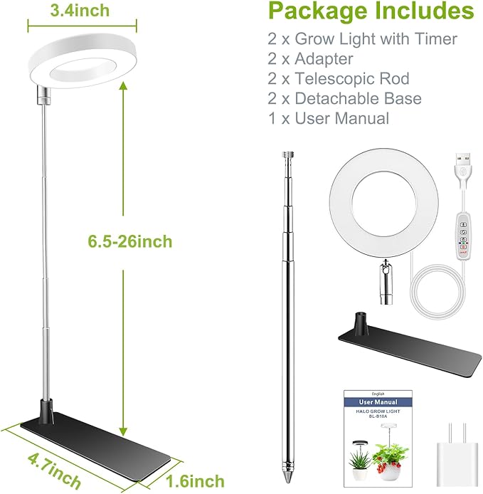 Kullsinss Grow Lights for Indoor Plants, Full Spectrum Halo Growing lamp with Detachable Base, Height Adjustable, 3 Colors, 10 Dimming, Automatic Timer, Plant Light for Small Plants Growing, 2-Pack