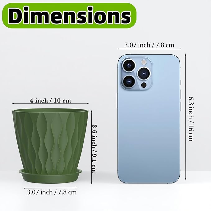 zople 16 Pack 4 Inch Plastic Planter Pots with Tray, Heavy Duty Indoor Outdoor Planter Pots with 48 Drainage Holes for Herbs, Succulents, Seedlings, Flowers Durable and Lightweight Army Green