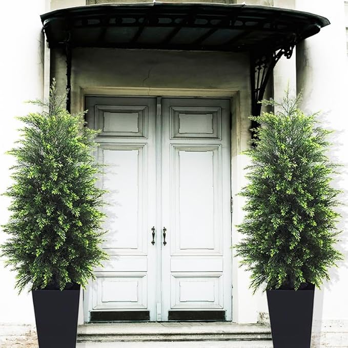 5FT Artificial Topiary Tree Beautiful Realistic Faux Cedar Pines Christmas Trees UV Rated Fake Shrubs for Front Porch Faux Plants Indoor and Outdoor Decor (1 Pack)