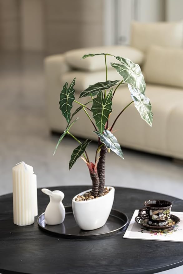 Avoeco Artificial Alocasia Plant – 21.6” Tall Faux Plant in White Ceramic Pot with Pebbles – Realistic Fake Potted Plant for Home, Office, Boho, Modern, Minimalist & Japanese Decor(White)