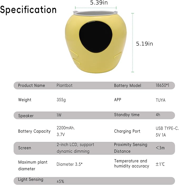 Odpaltoy Smart Plant Pot with Expression, AI Intelligent Flower Pot for Indoor Decoration, Smart Garden Pot with Water/Light/Temperature Sensors, Ivy AI Planter (Yellow（Big）)