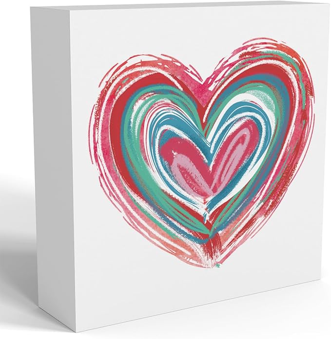 Valentines Day Decorations, Valentines Day Gifts for Her Him, Gift for Boyfriend Girlfriend, Vintage Romantic Pink Heart Brushstroke Anniversary Wooden Box Sign Husband Wife Home Office Desk Decor