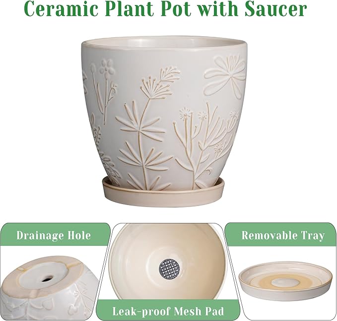 MPotTo 10 Inch Plant Pot Ceramic Planter Pot with Drainage Hole and Saucer Round Planter Large Flower Pot for Indoor Outdoor Plants Home Garden Decor White