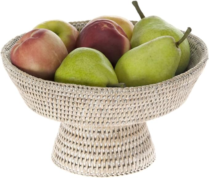 KOUBOO La Jolla Rattan Fruit Bowl, Decorative Kitchen Basket, Wicker Storage Bowl for Fruit, Vegetables, Modern Home Decor, Serving Platter, Small Scalloped Tray, White Wash
