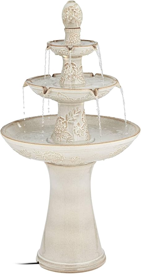 Formentera 45" High Large Italian Outdoor Decor Ceramic Floor Fountain with Light LED Waterfall 3-Tier Standing Basin Water Feature for Outside Garden Patio Yard Backyard Porch - John Timberland