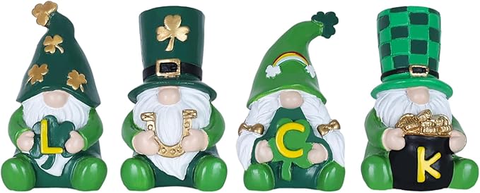 MEETYAMOR St Patricks Day Decorations, 4 PCS Gnome Resin Figurine for St Patricks Day Decor, Luck Sign Irish Green Clover Leprechaun Figurines Standing for Home Table, Mantel, Shelf