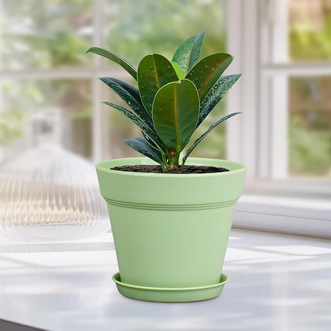 Meowell 4 inch Small Plastic Nursery Pots, 16 Pack Plant Pots for Indoor Outdoor Plants, Flower Pots with Drainage Holes and Saucers, Decorative Seedling Starter Planters for House Plants, Green