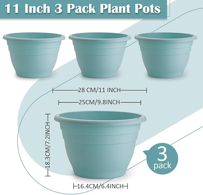 RooTrimmer 3 Pack 11 Inch Plant Pots with Drainage Hole and Plug, Durable Plastic Flower Pots for Indoor & Outdoor Plants, Elegant Mordern Plant Pots Perfect for Herbs, Flowers & Succulents, Blue