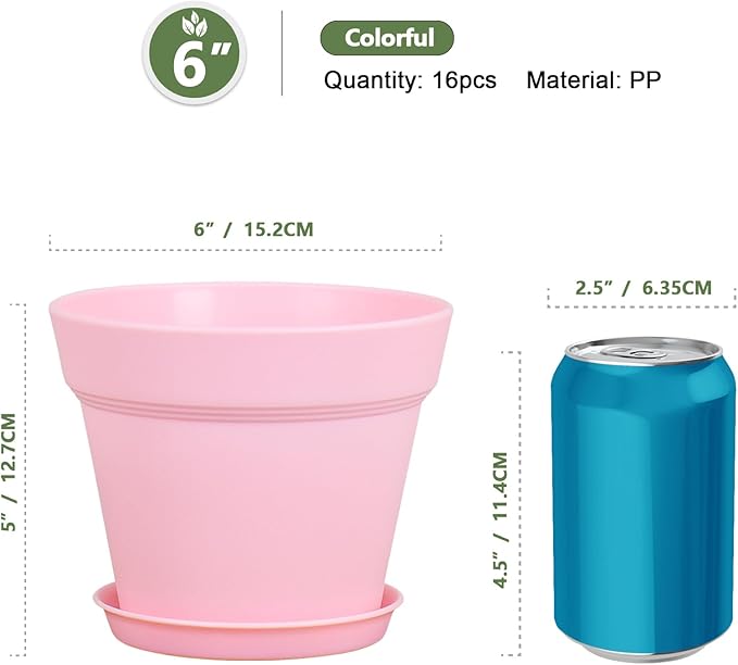 Meowell 6 inch Plastic Nursery Pots, 16 Pack Plant Pots for Indoor Outdoor Plants, Flower Pots with Drainage Holes and Saucers, Decorative Seedling Starter Planters for House Plants, Colorful