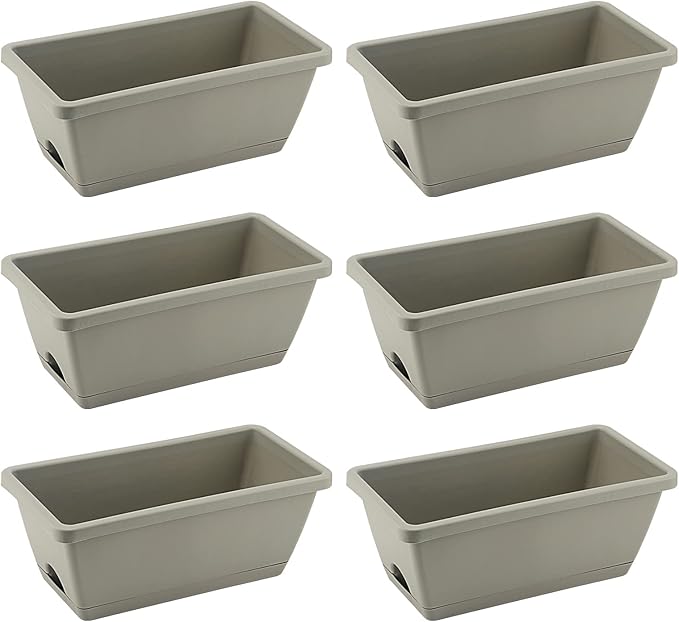 LEXININ 6 Pack 14 Inch Plastic Rectangular Window Planter Box, Window Vegetable Planter Box with Trays, Rectangular Flower Pots for Windowsill, Garden, Balcony, Patio, Grey