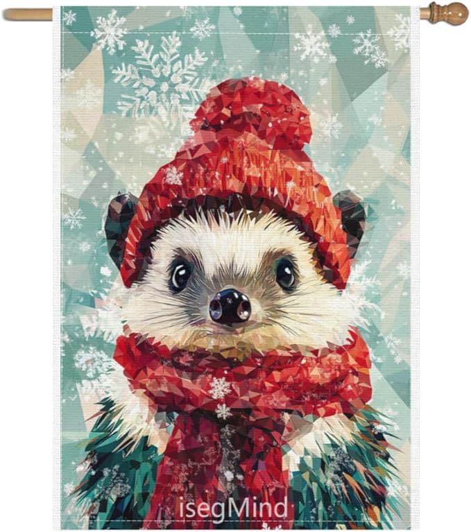 Hedgehog with Red Scarf and Hat Snowflake Christmas Garden Flag, 28x40 Inch Double Sided Linen Holiday Red Winter Farmhouse Yard Outdoor Decoration (4341)
