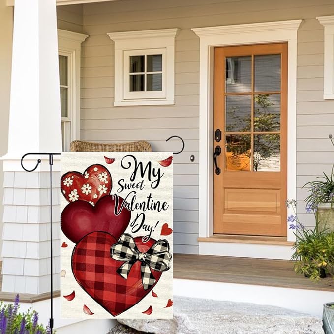 Valentines Day Garden Flag 12x18 Inch Double Sided Small Burlap Featuring Red Hearts and My Sweet Valentine Day Text for Outdoor Decor