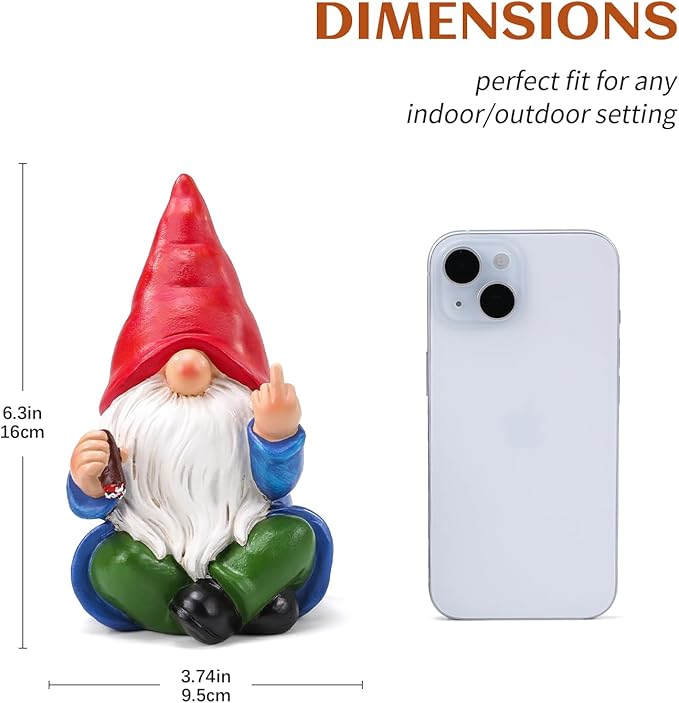 Middle Finger Gnome Statue 6.3in, Naughty Garden Gnomes Yard Lawn Decoration Funny Smoking Gnome Statue Indoor Outdoor Home Decor - Birthday Christmas Gag Gift