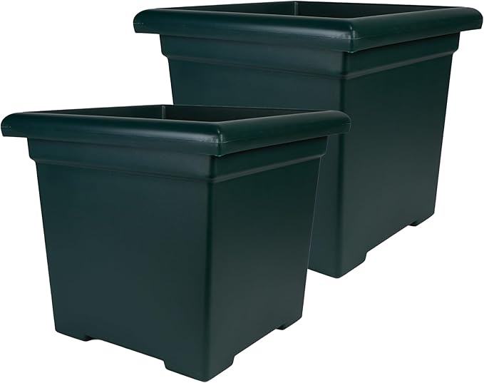 The HC Companies 12.5 Inch Accent Square Plant Pots with Drainage, Lightweight UV-Resistant Plastic Planters for Indoor & Outdoor Plants, 2-Pack Flower Pots for Garden, Office & Home Decor, Evergreen