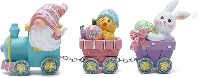 Hodao 8.75" Easter Gnomes Train Decorations, Spring Bunny Handmade Train Figurines for Easter Party Table Top Figurines (Multicolor)