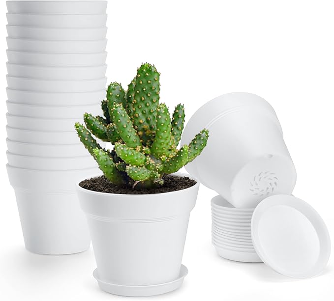 FHWTY 16 Pack Plastic Plant Pots with Drainage Holes and Tray, 4 inch Thickened Indoor Planters Seedlings Nursery Pots for Flowers, African Violet, Succulent and All House Plants, White