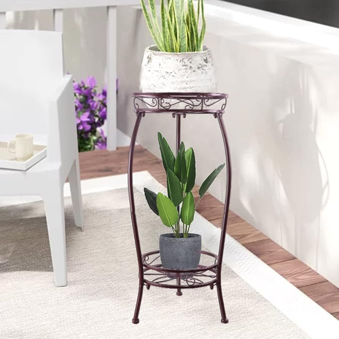YHIJURS Metal Plant Stand,Indoor Outdoor 2 Tiers Tall Plant Stands,27.1'' Iron Corner Flower Pot Holder, Plant Rack,Display Shelf Racks for Home Garden Office -Brown