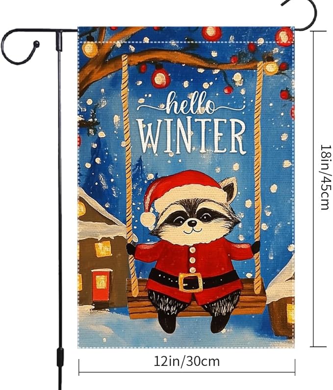 Hello Winter Garden Flag 12x18 Inch Double Sided Burlap Cute Raccoon in Santa Suit on Swing Christmas Holiday Outdoor Decor for Yard Porch Lawn Winter House Decoration