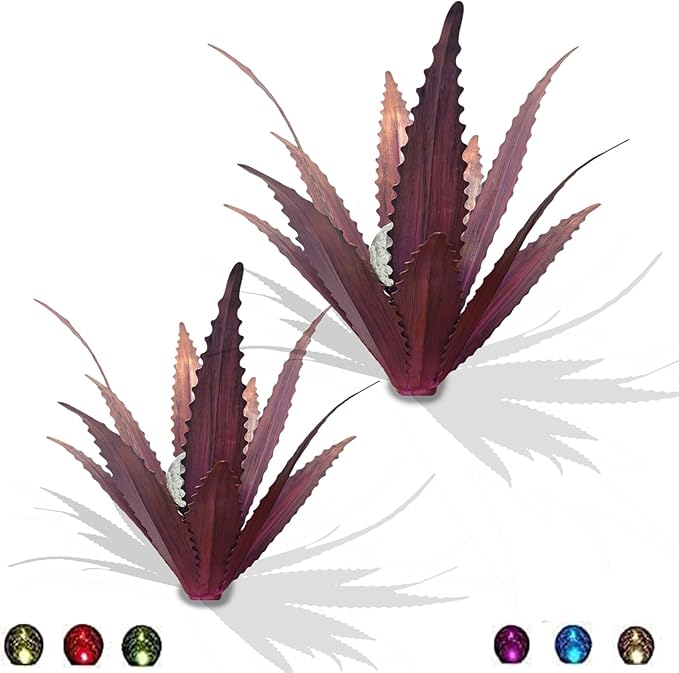 Muciwa 2 PCS Metal Agave Sculpture Decoration, Vintage Country Hand-Painted Sculpture DIY Metal Agave Plant, Home Garden Courtyard Lawn Outdoor Decoration (Serrated Purple)
