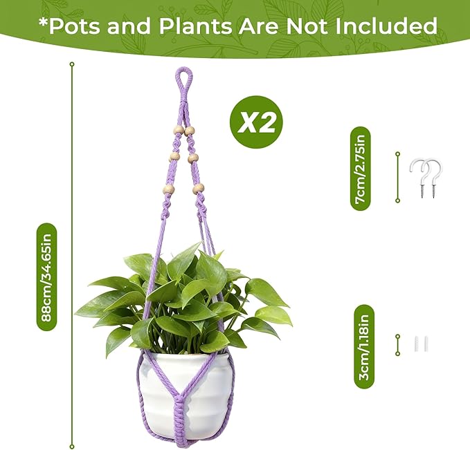 EJGIEGSO Macrame Plant Hanger, Up to 4-15 inch Pots, Wood Beads Cotton Hanging Planter Holder for Indoor Outdoor Boho Home Decor, 35 Inch, Set of 2 (Purple)