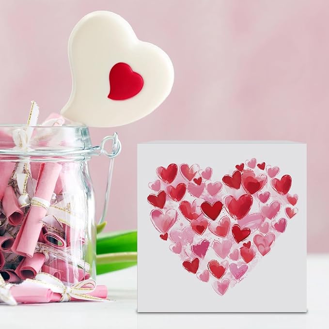 Valentines Day Decorations, Valentines Day Gifts for Her Him, Gift for Boyfriend Girlfriend, Pink Heart Brushstroke Anniversary Wooden Box Sign Husband Wife Home Office Bedroom Desk Decor