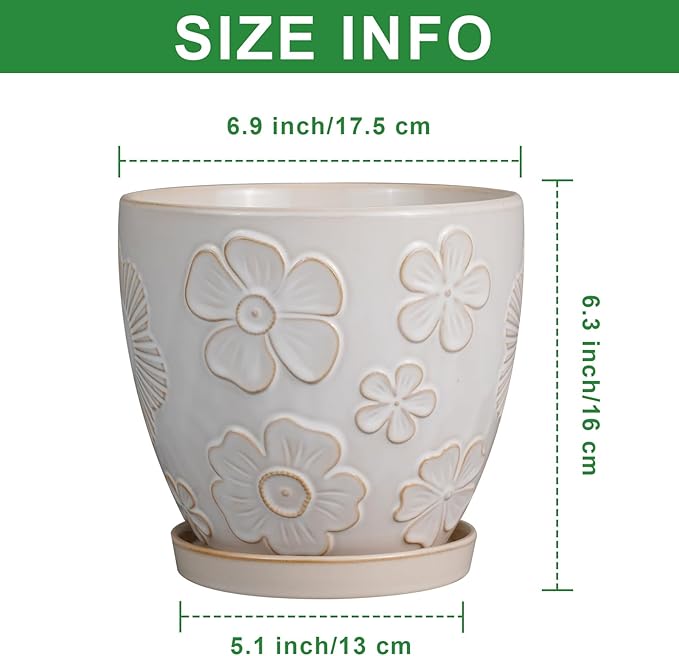 MPotTo 6.9 Inch Plant Pot with Drainage Hole and Saucer Ceramic Planter for Indoor Plant Flower Pot for Orchid Succulents Plants White