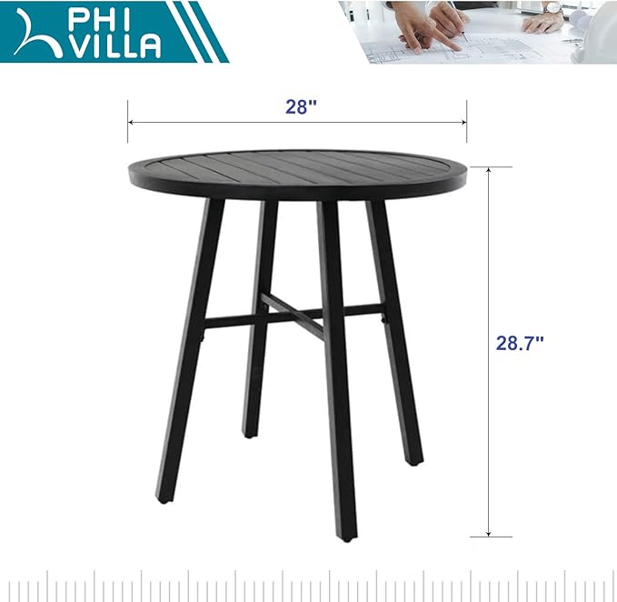 PHI VILLA 28 Inch Patio Bistro Table, Outdoor Round Weather-Resistant Metal End Small Dining Table, Outside Side Table for Balcony, Deck, Porch - Black