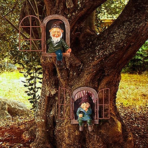 Jetec 2 Pcs Gnome Statue Christmas Elf Out The Door Tree Hugger Garden Yard Peeker Art Xmas Tree Sculpture Gnome Decoration Outdoor for Xmas Gifts Patio Yard Lawn Porch Ornament(Fresh Style)