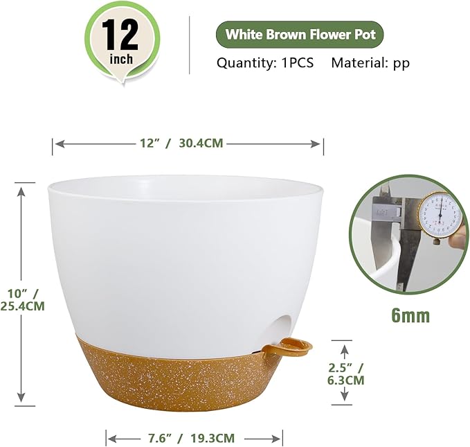 Meowell 12 inch Large Self Watering Pots for Indoor Outdoor Plants, Plant Pots with Mesh Drainage Holes for Garden House Plants, Plastic Planters with Reservoir for Flower Plants, White with Brown