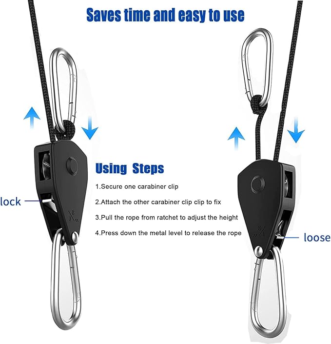 OneChoi Grow Light Rope Hanger 50Pairs，1/8" 8-Feet Long Heavy Duty Adjustable Rope Clip Hanger, Adjustable Rope Ratchet Hangers 150 Lbs per Pair Used with Grow Light, Grow Bags