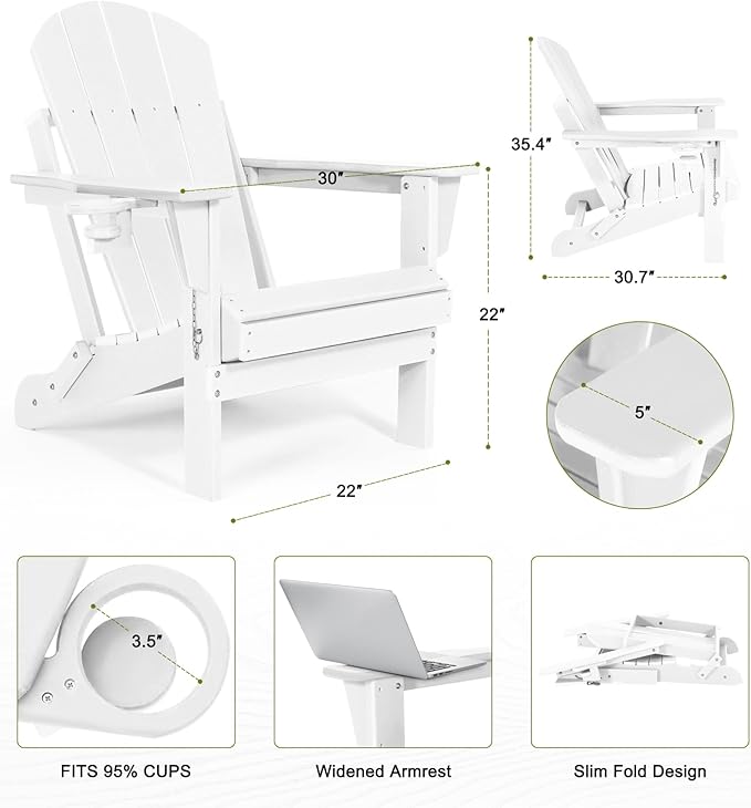 Folding Adirondack Chairs Set 2- Plastic Adirondack Chairs with Cup Holder, Weather Resistant for Outdoor, Patio, Lawn, Garden, Backyard Deck, Fire Pit - White