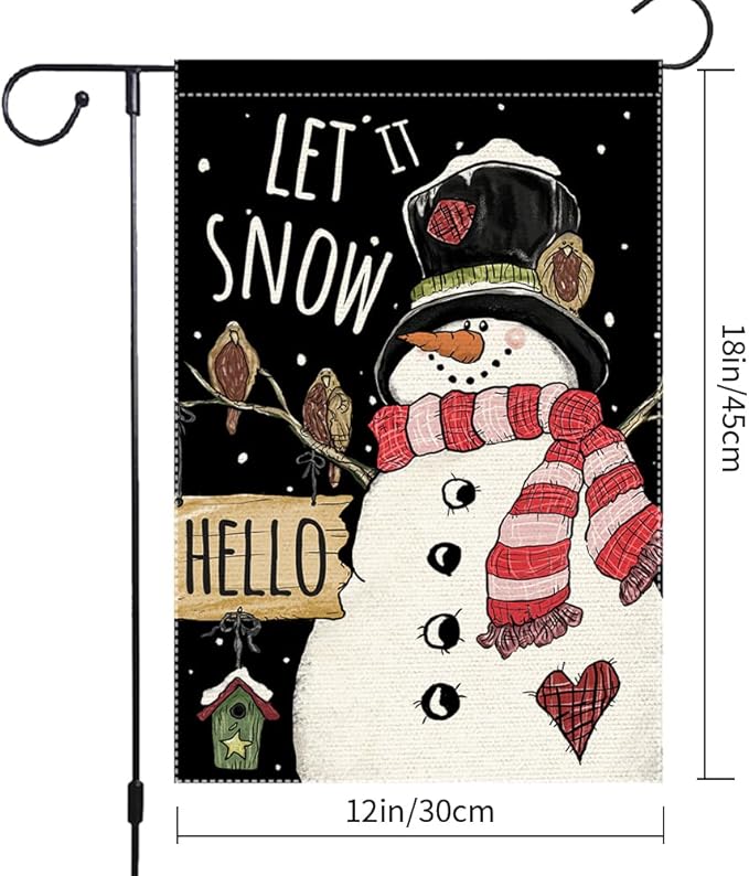 Winter Garden Flag 12x18 Inch Double Sided Burlap Outdoor Seasonal Decoration Cute Snowman with Black Top Hat Red Scarf Let It Snow Welcome Flag for Yard Patio Porch